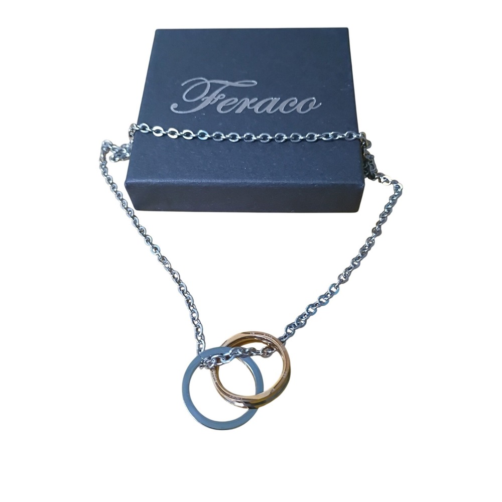 Feraco Interlocking Double Ring Pendant Necklace Two Tone Silver Rose Gold Box